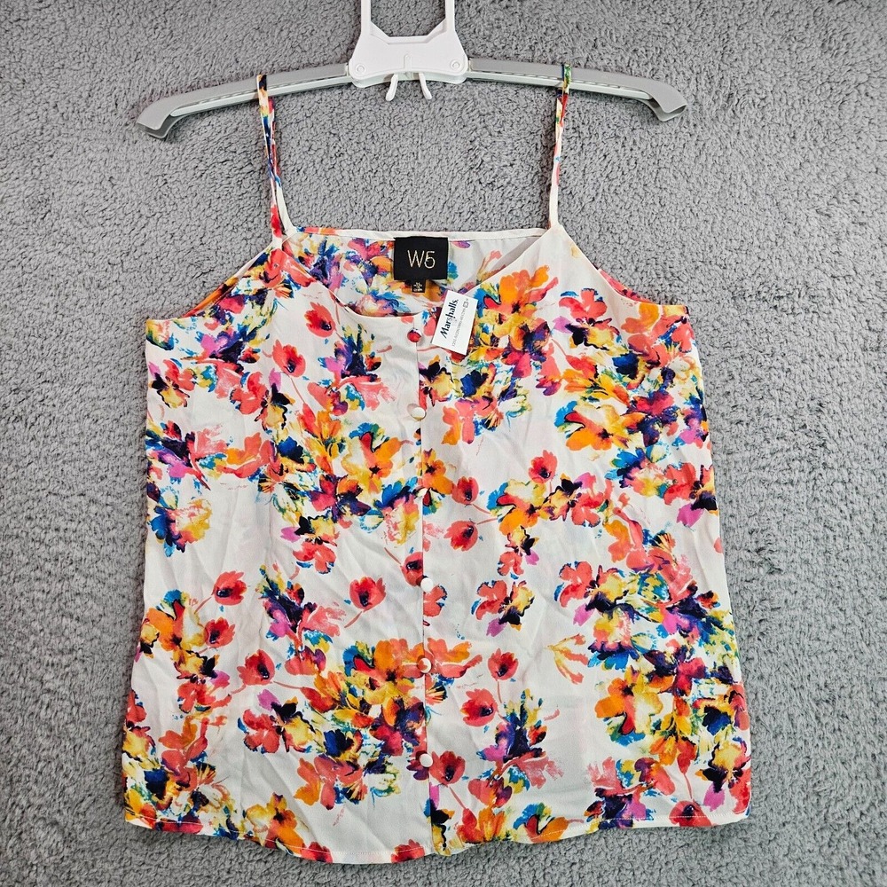 NEW W5 Anthropologie Tank Top Medium Colorful Floral Print Pullover Semi Sheer M